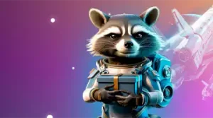 Изображение енота в солнечных очках с скипетром, празднующего с воздушными шарами и золотыми монетами, символизирующее приветственный бонус в Болливуд Казино.